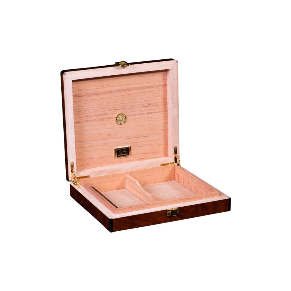 Daniel Marshall Desk-Travel Humidor in Precious Burl Private Stock | 20 Cigar Capacity | 24kt Gold Plated Hinges & Locks | Spanish Cedar Interior