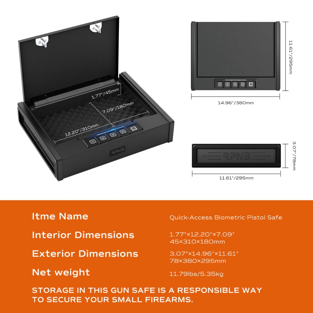 RPNB RP2005 Pistol Safe | 1 Handgun Capacity | Biometric, Digital Keypad, &amp; Key Lock