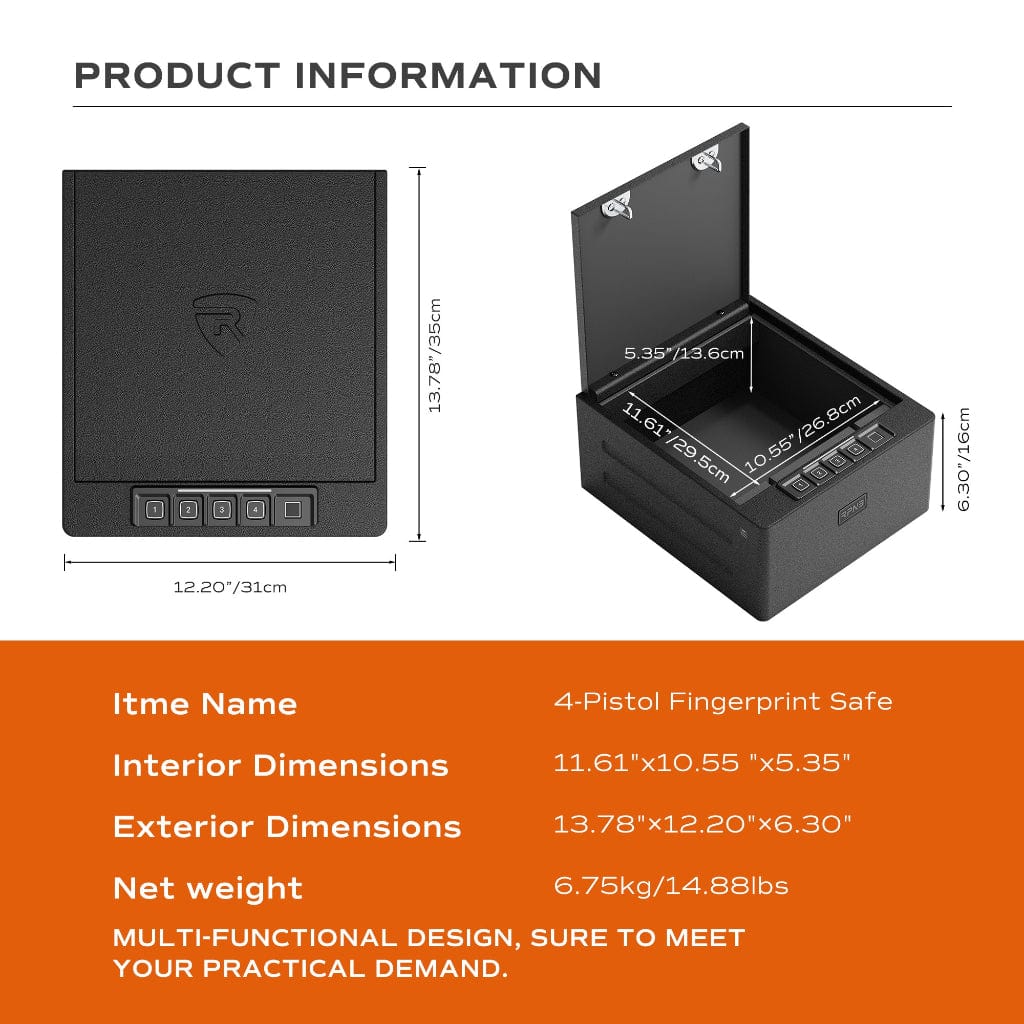 RPNB RP2016 Pistol Safe | 4 Handgun Capacity | Biometric, Digital Keypad, &amp; Key Lock