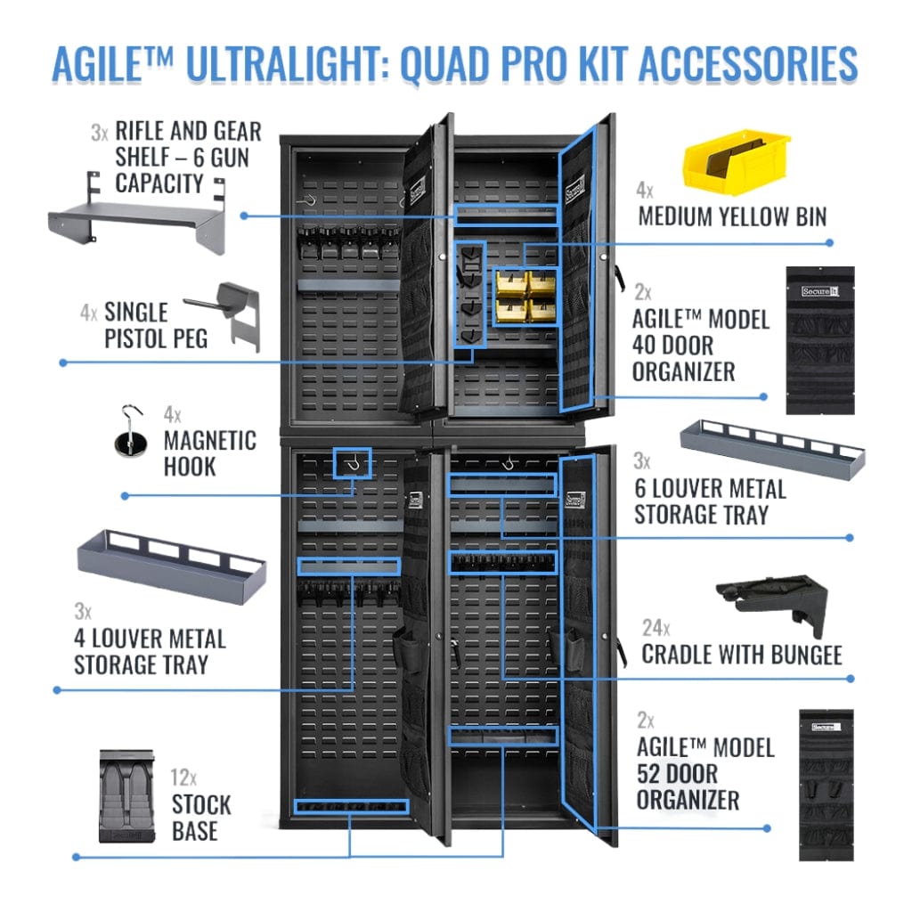 SecureIt AG-QUAD-24-PRO-YLW Agile Ultralight Quad Pro Kit Model 52 &amp; 40 Gun Safe | CDOJ Approved | 24 Long Gun Capacity | CradleGrid Technology