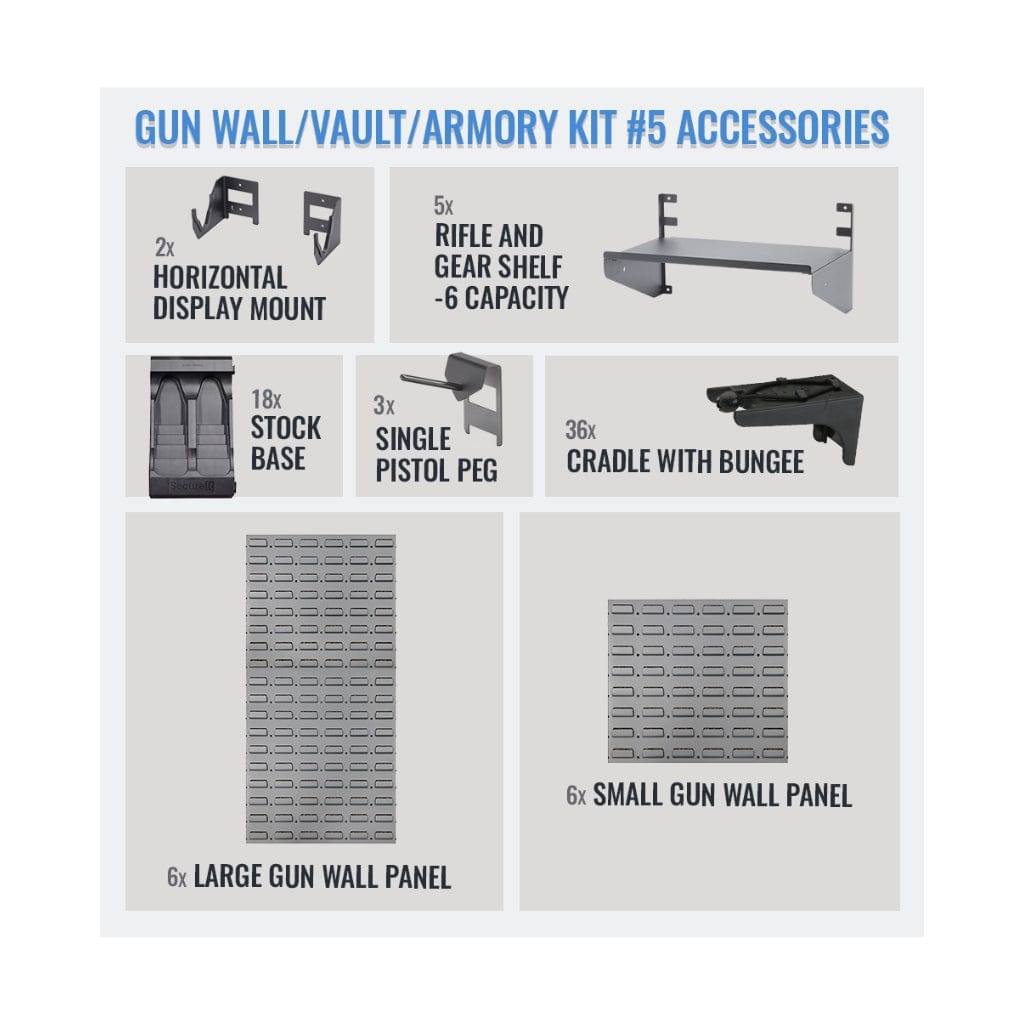 SecureIt SEC-GW-K5 Gun Wall, Vault, Armory Kit #5 | 36 Long Gun & 3 Handgun Capacity | 5 Shelves