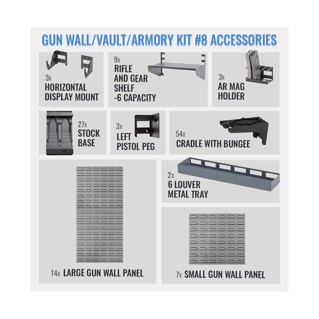 SecureIt SEC-GW-K8 Gun Wall, Vault, Armory Kit #8 | 54 Long Gun & 3 Handgun Capacity | 9 Shelves