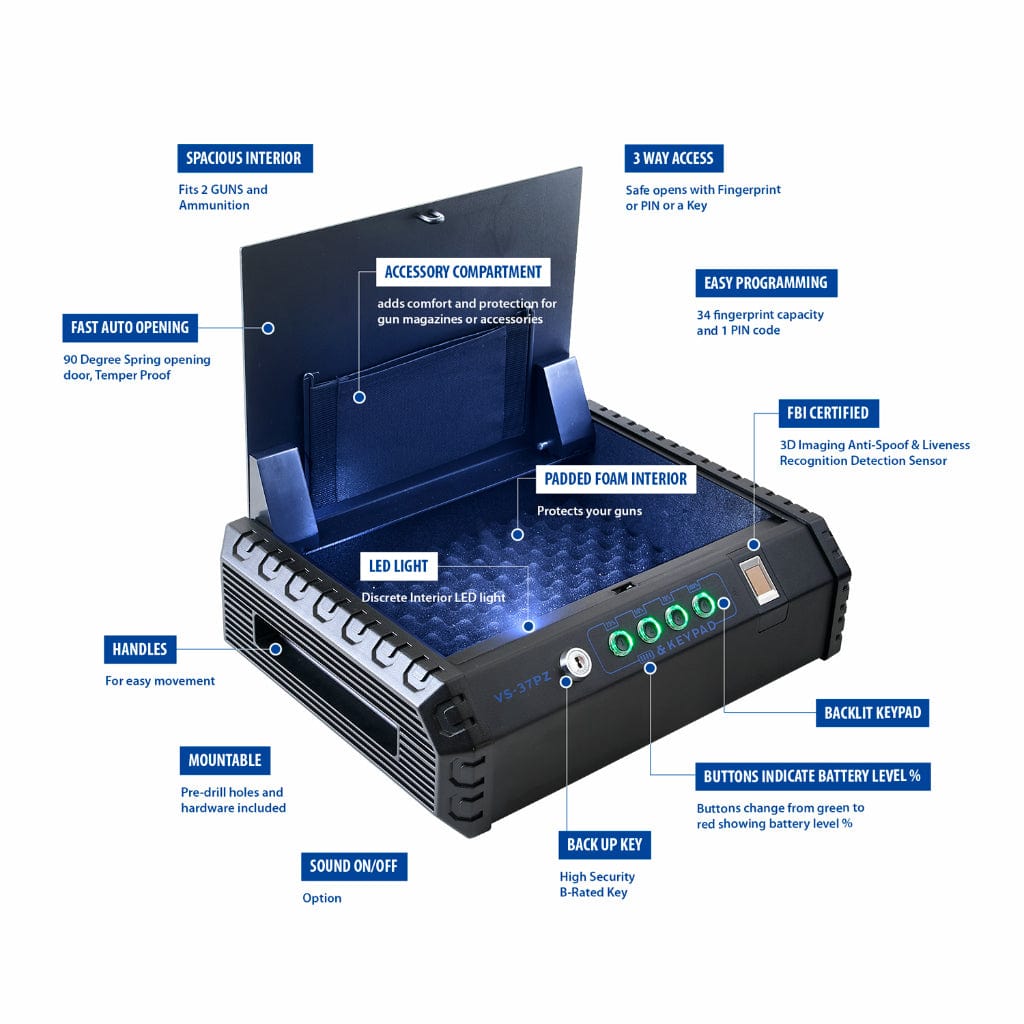 Viking VS-37PZ Fingerprint Biometric Sensor &amp; Keypad Gun Safe | 2 Gun Capacity | FBI Certified | Anti-Scratch Powder Coating