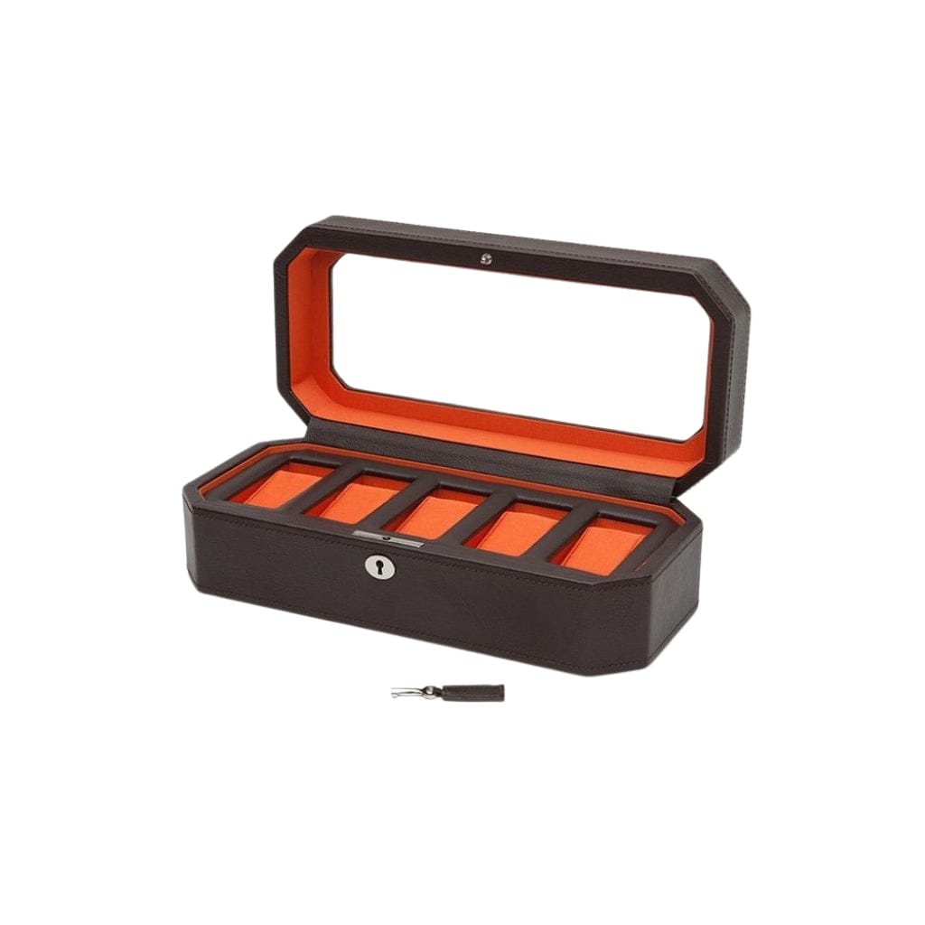 Wolf 458303 Heritage Windsor 5 Piece Watch Box | 5 Watch Capacity | Vegan Leather | Lockable Glass Cover Brown/Orange