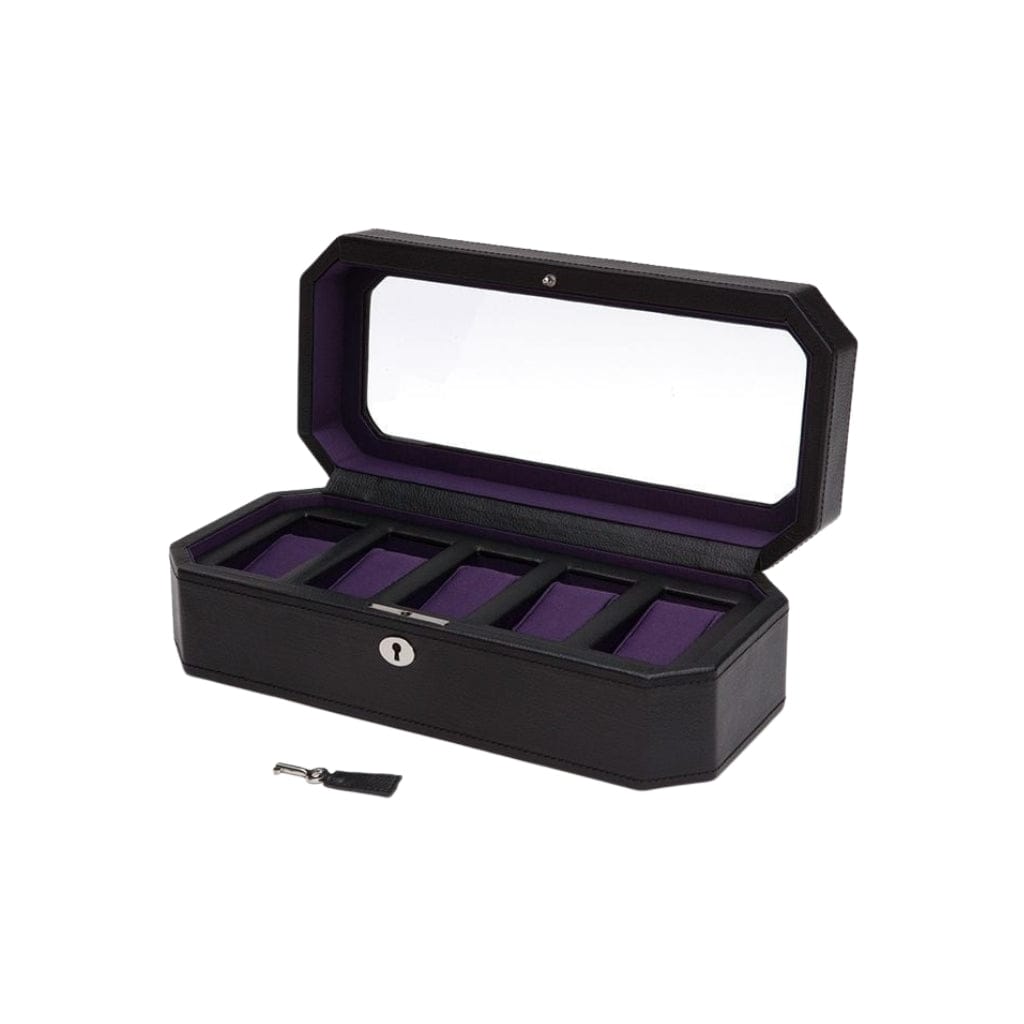 Wolf 458303 Heritage Windsor 5 Piece Watch Box | 5 Watch Capacity | Vegan Leather | Lockable Glass Cover Black/Purple
