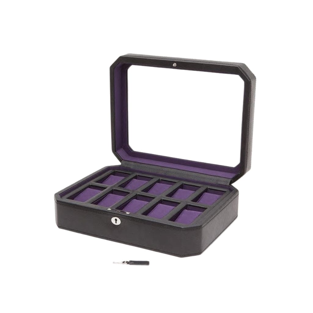 Wolf 458403 Heritage Windsor 10 Piece Watch Box | 10 Watch Capacity | Vegan Leather | Lockable Glass Cover Black/Purple