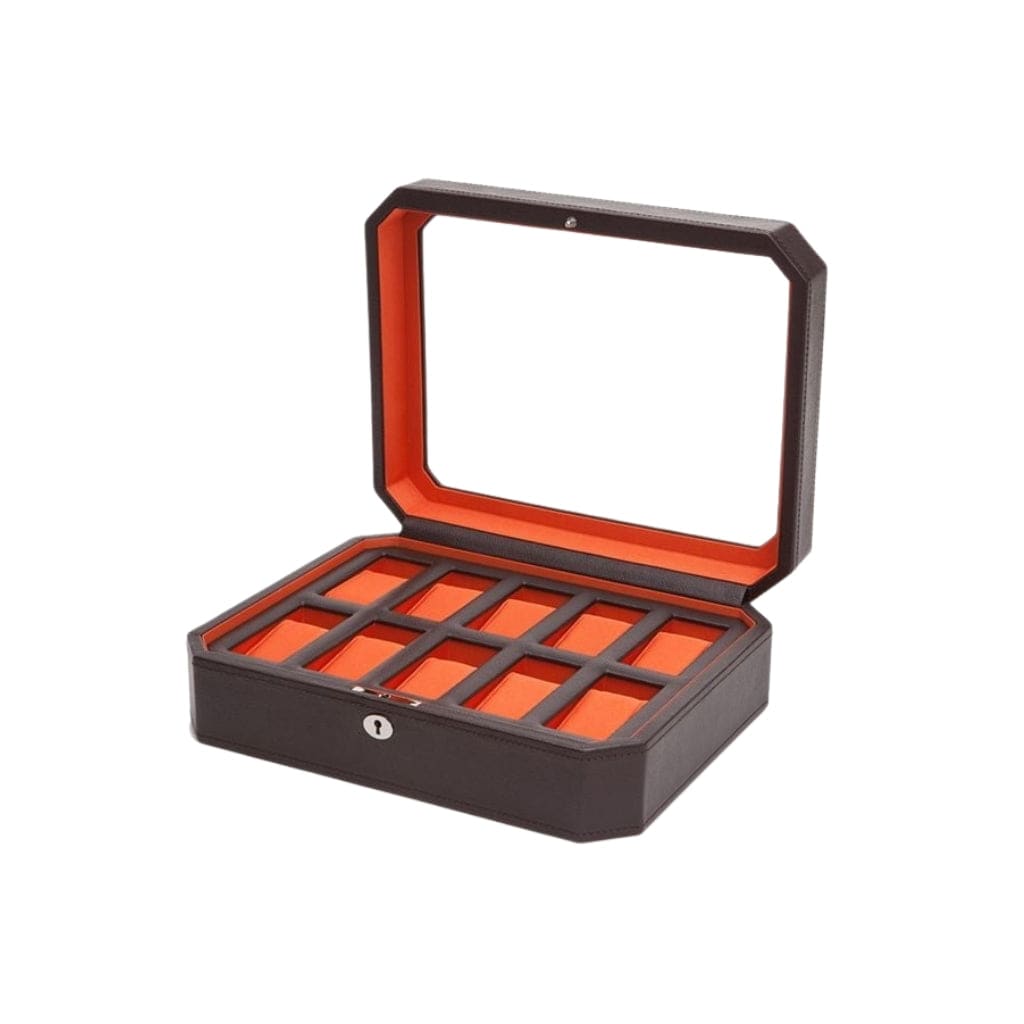 Wolf 458403 Heritage Windsor 10 Piece Watch Box | 10 Watch Capacity | Vegan Leather | Lockable Glass Cover Brown/Orange