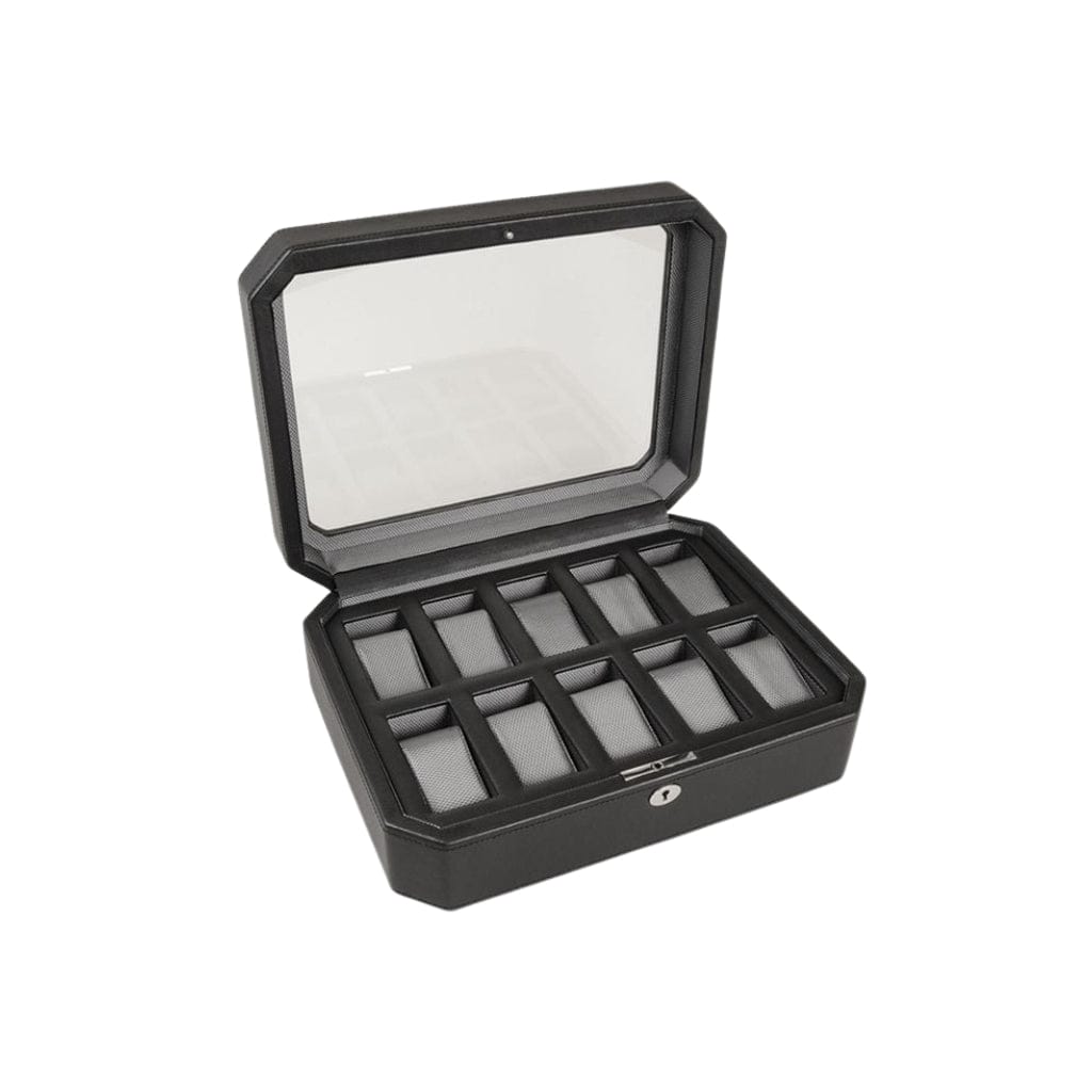Wolf 458403 Heritage Windsor 10 Piece Watch Box | 10 Watch Capacity | Vegan Leather | Lockable Glass Cover Black