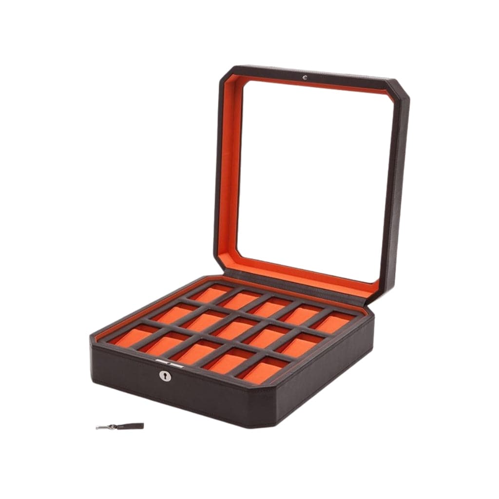 Wolf 458503 Heritage Windsor 15 Piece Watch Box | 15 Watch Capacity | Vegan Leather | Lockable Glass Cover Brown/Orange
