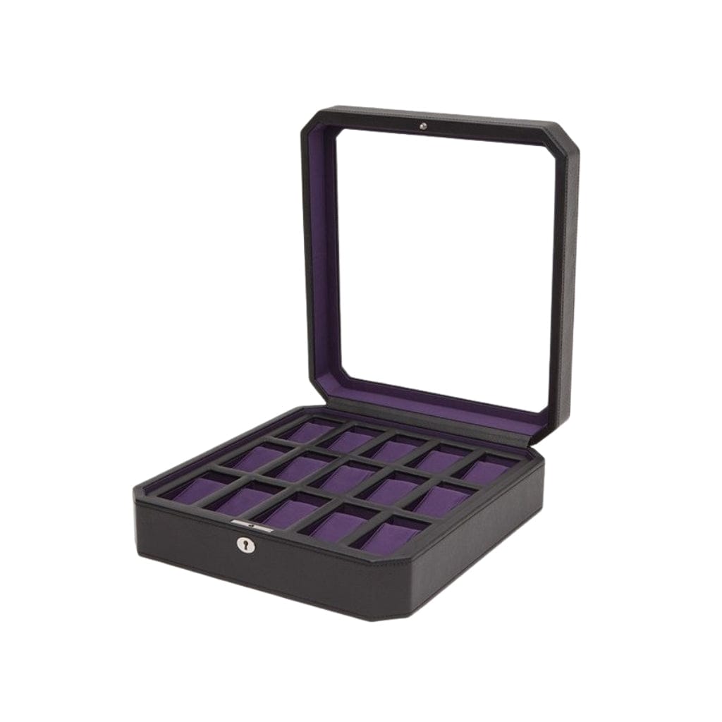 Wolf 458503 Heritage Windsor 15 Piece Watch Box | 15 Watch Capacity | Vegan Leather | Lockable Glass Cover Black/Purple