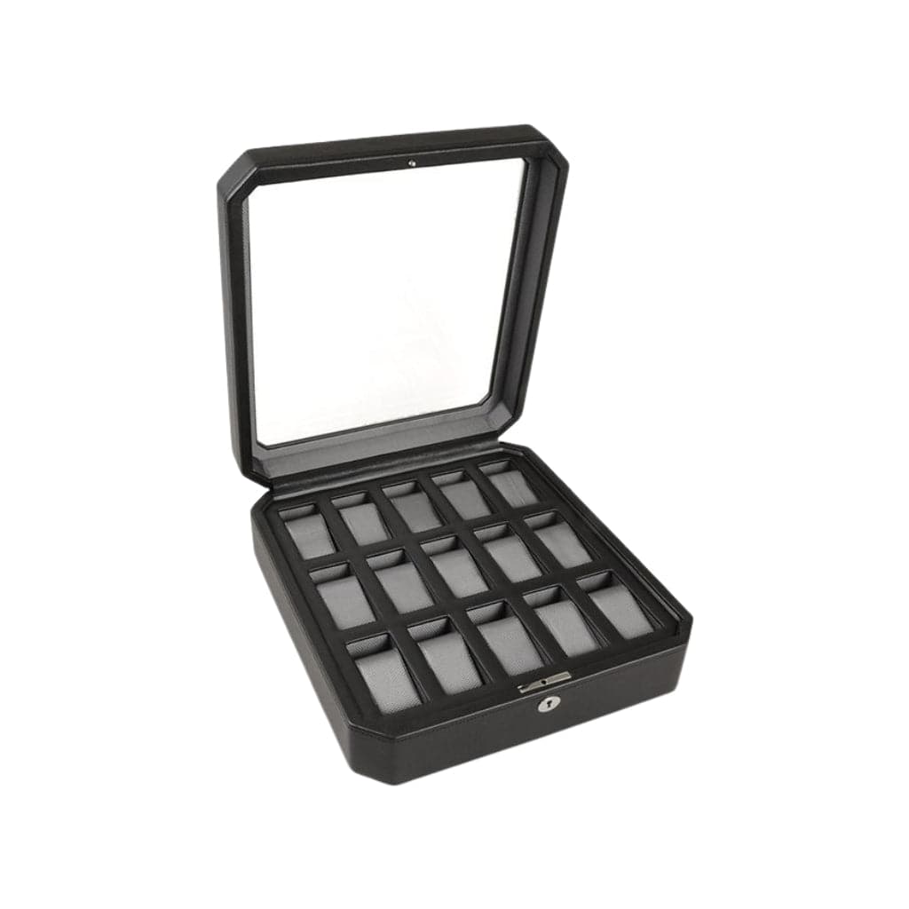 Wolf 458503 Heritage Windsor 15 Piece Watch Box | 15 Watch Capacity | Vegan Leather | Lockable Glass Cover Black