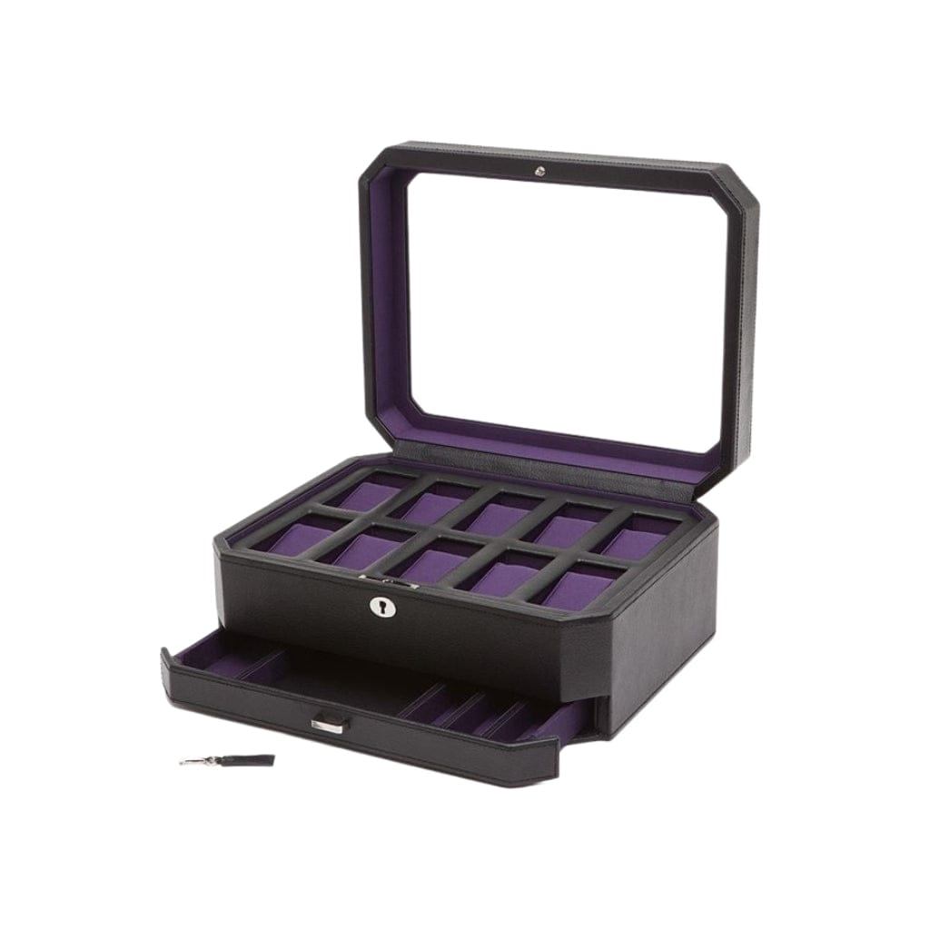 Wolf 458603 Heritage Windsor 10 Piece Watch Box with Drawer | 10 Watch Capacity | Vegan Leather | Watch and Jewelry Storage Black/Purple