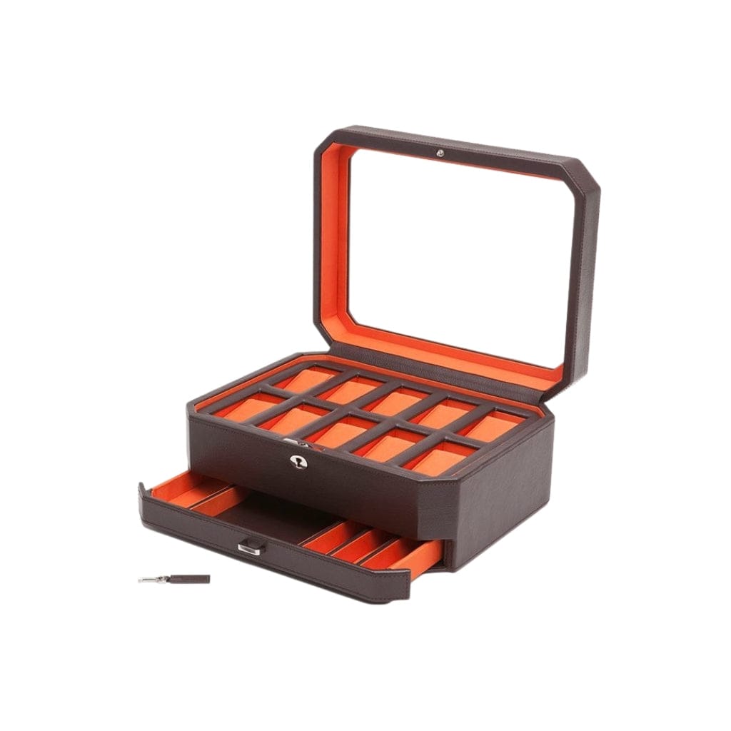 Wolf 458603 Heritage Windsor 10 Piece Watch Box with Drawer | 10 Watch Capacity | Vegan Leather | Watch and Jewelry Storage Brown/Orange