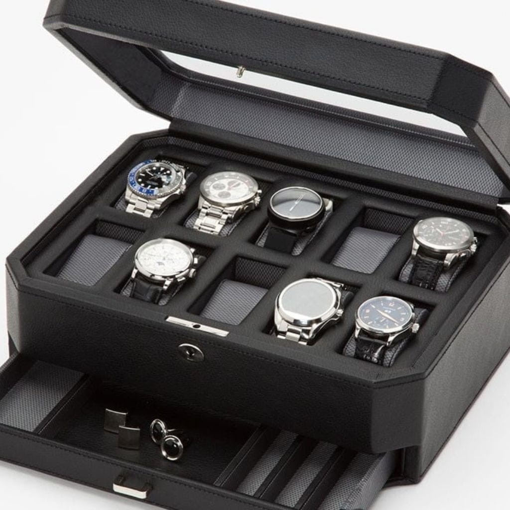 Wolf 458603 Heritage Windsor 10 Piece Watch Box with Drawer | 10 Watch Capacity | Vegan Leather | Watch and Jewelry Storage