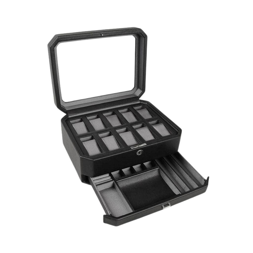Wolf 458603 Heritage Windsor 10 Piece Watch Box with Drawer | 10 Watch Capacity | Vegan Leather | Watch and Jewelry Storage Black