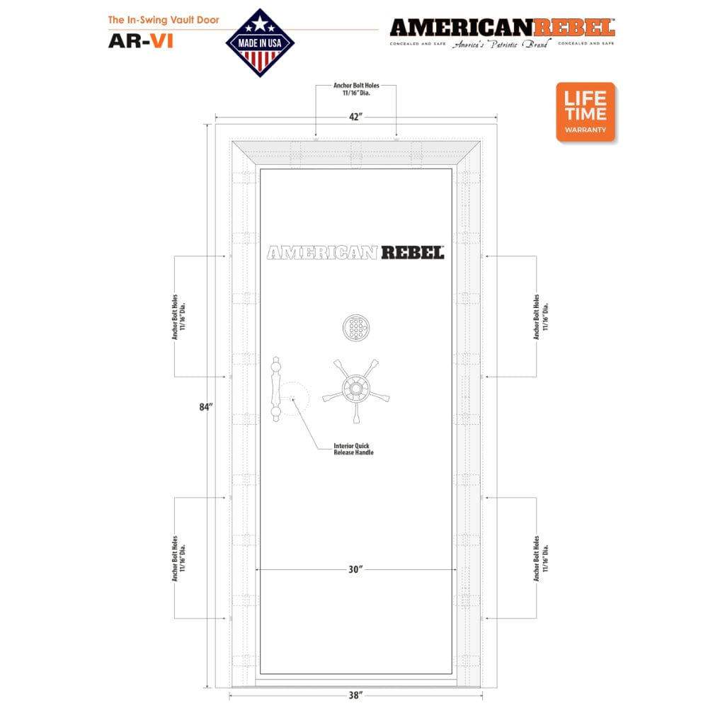 American Rebel AR-VI In-Swing Vault Door | 42″W x 84″H Frame Dimensions | Type X Fire Insulation