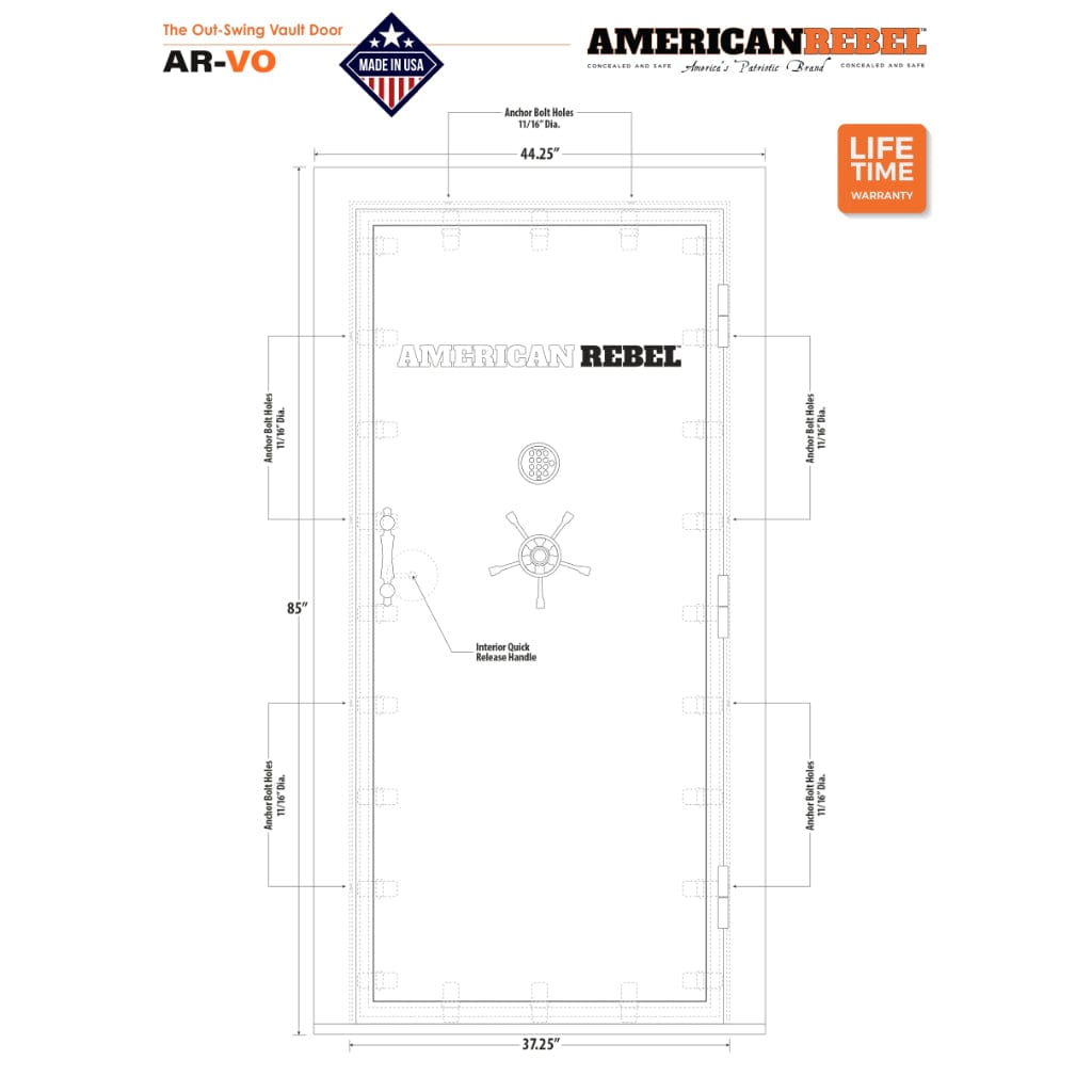 American Rebel AR-VO Out-Swing Vault Door | 44.25″W x 85″H Frame Dimensions | Type X Fire Insulation