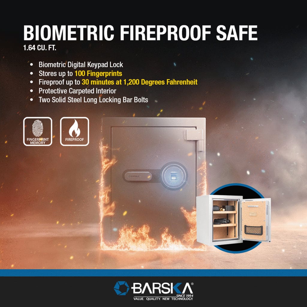 Barska AX13494 Biometric Fireproof Security Safe | 1.64 Cubic Feet | 30 Minutes Fireproof at 1200°F