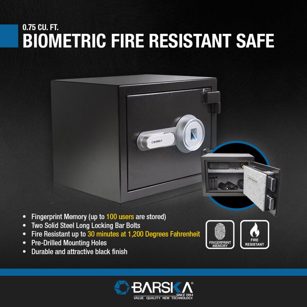Barska AX13498 Biometric Fireproof Security Safe | 0.75 Cubic Feet | 30 Minutes Fireproof at 1200°F