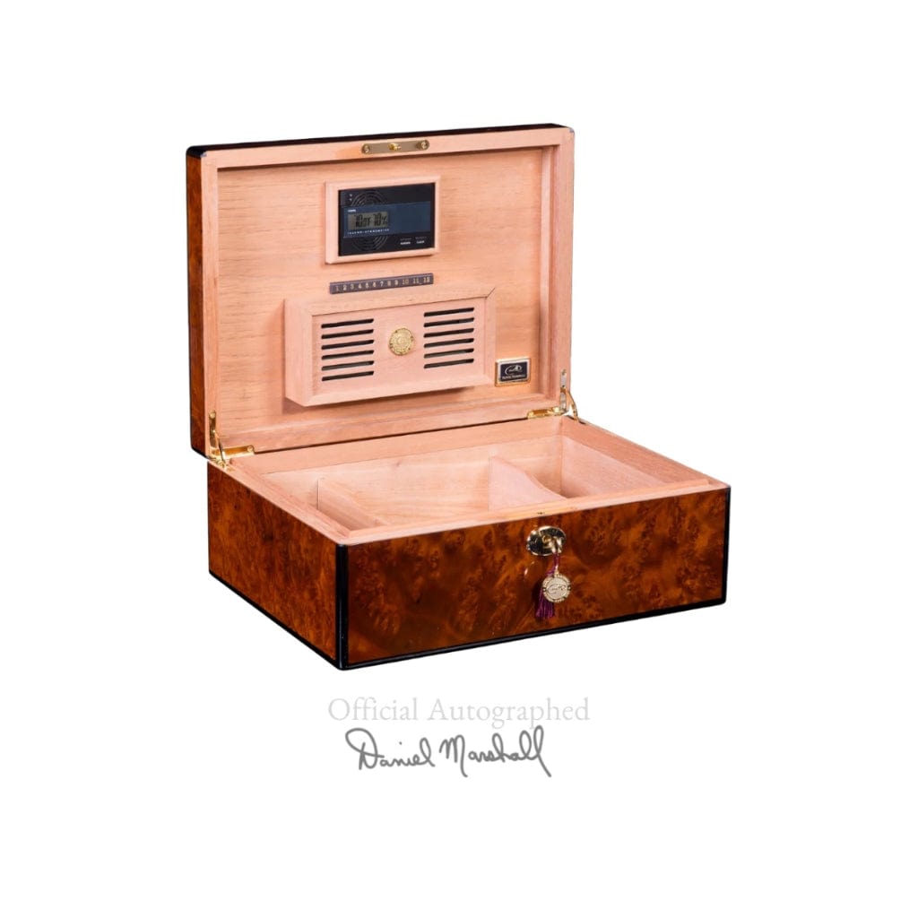 Copy of Daniel Marshall 125 Humidor Burl Private Stock Humidor | 125 Cigar Capacity | 24kt Gold Plated Hinges & Locks | Spanish Cedar Interior Lift out Tray Installed