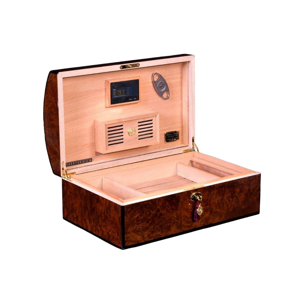 Daniel Marshall 150 Humidor Treasure Chest Limited Edition in Burl Private Stock | 150 Cigar Capacity | 24kt Gold Plated Hinges & Locks | Spanish Cedar Interior