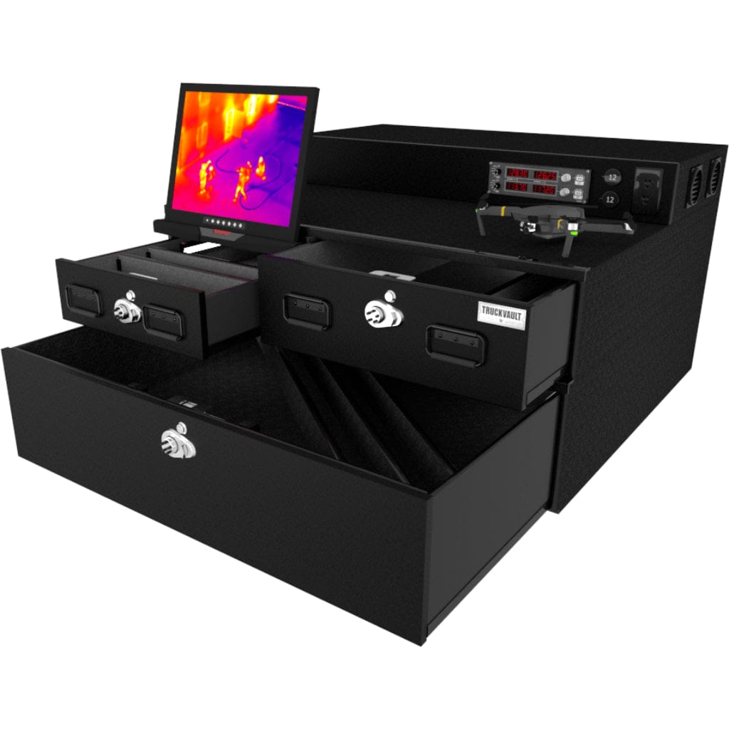 TruckVault Drone Responder 5 SUV Drone Responder Line | 3-Drawer Configuration | U1 HDMI Rackmount TV Monitor | Radio Panel with Power Outlets