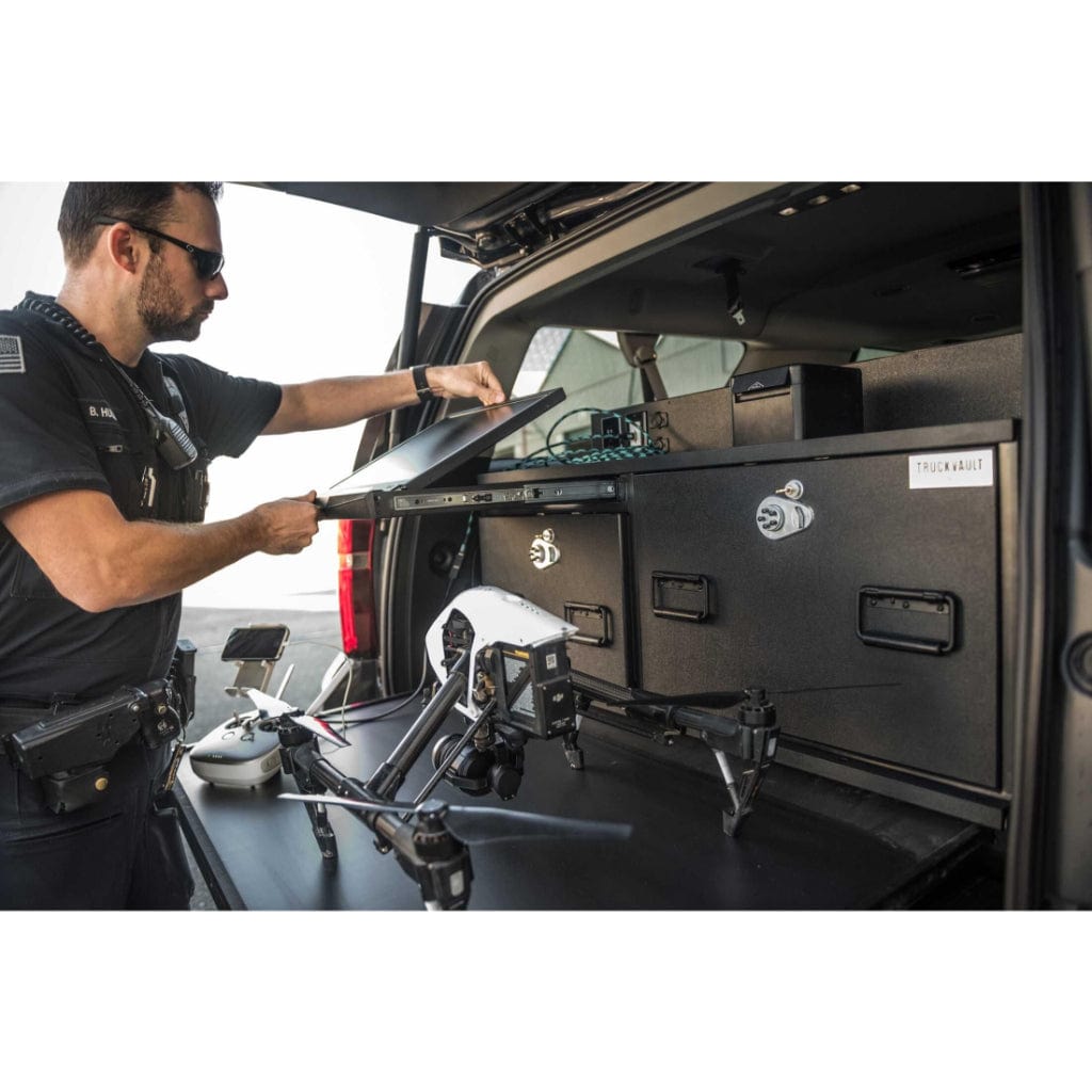 TruckVault Drone Responder 6 SUV Drone Responder Line | 1 Drone &amp; 1 Weapon Storage Drawer | U1 HDMI Rackmount TV Monitor | In-drawer TTP Power