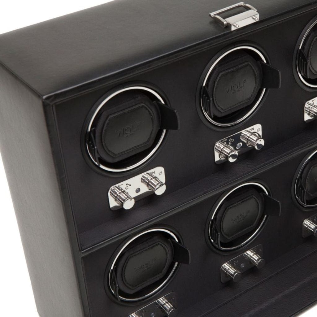 Wolf 270702 Heritage 6 Piece Black Watch Winder | 900 Turns Per Day | AC power | Smooth Faux Leather and Satin Lining