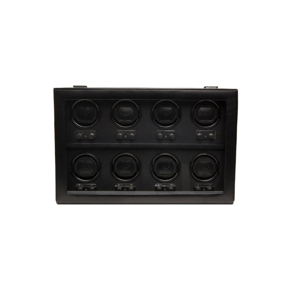 Wolf 270802 Heritage 8 Piece Black Watch Winder | 900 Turns Per Day | AC power | Smooth Faux Leather and Satin Lining